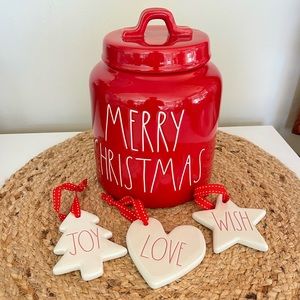Rae Dunn Merry Christmas canister and 3 ornaments